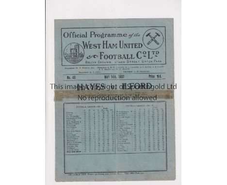 1932 LONDON SENIOR CUP FINAL  AT WEST HAM UNITED        Programme for Hayes v Ilford at West Ham United 14/5/1932, creased, t