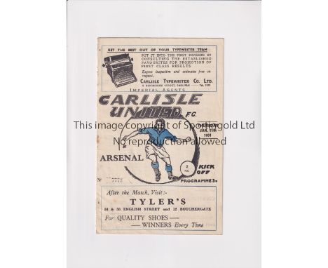 ARSENAL     Programme for the away FA Cup Replay v Carlisle United 11/1/1951, slightly creased, slightly worn on the back cov