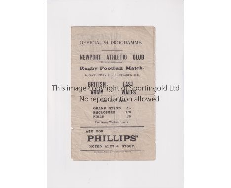 RUGBY UNION 1943 EAST WALES V BRITISH ARMY   Programme for the match at Newport on 11/12/1943. Folds.   Fair