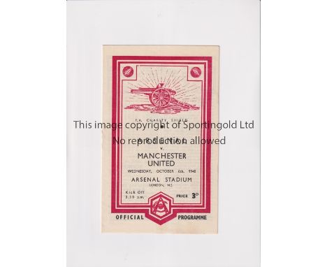 1948 CHARITY SHIELD / ARSENAL V MANCHESTER UNITED      Programme for the match at Highbury 6/10/1948, staple removed and scor