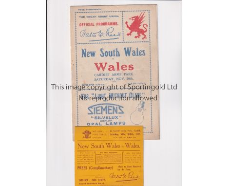 RUGBY UNION 1927 WALES V NEW SOUTH WALES AUSTRALIA   Programme and ticket for the match at Cardiff on 26/11/1927. Slight fold