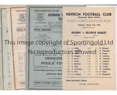HENDON     Five home programmes for season 1947/8 v Dulwich Hamlet Friendly, Poole Town FA Amateur Cup, Southall Athenian Lea