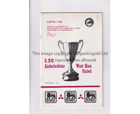 1976 ECWC FINAL / RSC ANDERLECHT V WEST HAM UNITED        Programme for the ECWC Final Cup tie at Heysel Stadium in Brussels 