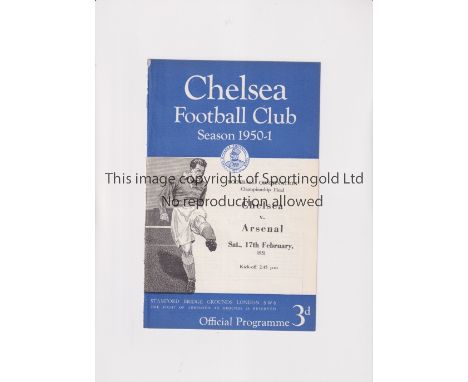 CHELSEA V ARSENAL / 1951 FOOTBALL COMBINATION CHAMPIONSHIP FINAL      Programme for the match at Chelsea 17/2/1951. Ex binder