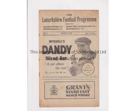 THE LANARKSHIRE FOOTBALL PROGRAMME 1939         Programme for 14/1/1939 with line-ups for Motherwell v Raith Rovers and Airdr