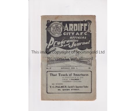 TOTTENHAM HOTSPUR     Programme for the away FA Cup tie v Cardiff City 4/3/1922, slightly creased, minor repairs and slight w