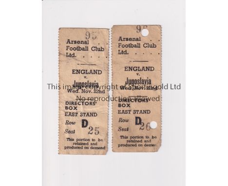 ENGLAND V YUGOSLAVIA 1950        Two tickets for the Friendly match at Arsenal 22/11/1950, creased, one with 2 X punched hole