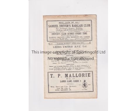 LEEDS UNITED      Programme for the home League match v Manchester City 13/4/1936 lacking the outer covers.     Generally goo