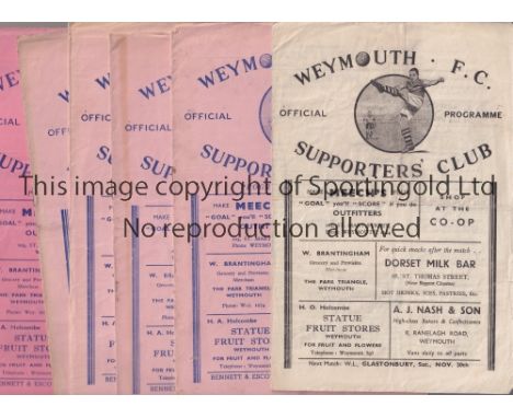 WEYMOUTH F.C.     Six home programmes v Trowbridge 48/9 FA Cup, Tonbridge 49/50 SL, Wells City 49/50 Western League scores en