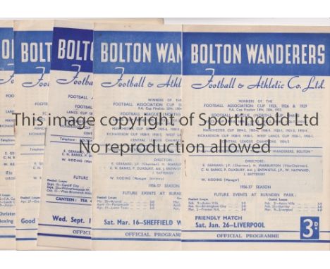 BOLTON WANDERERS    Seven home programmes from 1956/57, six league matches v Leeds United, Arsenal, Manchester City, Luton To