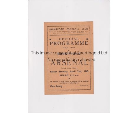 ARSENAL      Programme for the away FL South match v Brentford 2/4/1945, very slightly creased.     Generally good