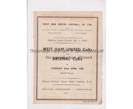 ARSENAL     Programme for the away SJFC Final v West Ham United 22/4/1958, scores entered, minor paper loss on the edge and s