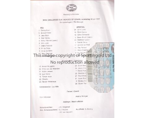 ARSENAL     Teamsheet and ticket for the away Friendly v PSV Eindhoven 30/7/1997.    Generally good