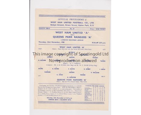 WEST HAM UNITED V QPR 1950       Single sheet programme for the London Mid-Week League match at West Ham 23/11/1950. No.27.  