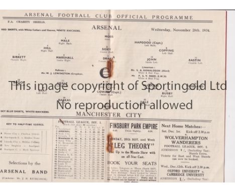1934 CHARITY SHIELD / ARSENAL V MANCHESTER CITY     Programme for the match at Highbury 28/11/1934, staples rusted away.     