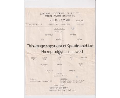 ARSENAL       Single sheet programme for the home London Challenge Cup tie v Millwall 7/10/1957, slightly creased and scores 