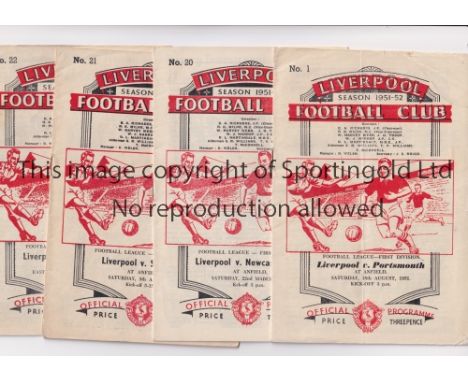 LIVERPOOL       Fourteen home programmes from 1951/52 league matches v Aston Villa, Huddersfield Town, Burnley, Arsenal score