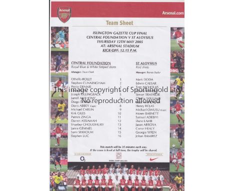 NEUTRAL AT ARSENAL      Single sheet programme for the Islington Gazette Cup Final, Central Foundation v St. Aloysius 12/5/20