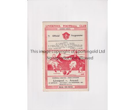 ARSENAL     Programme for the away League match v Liverpool 18/11/1950, slightly creased and rusty staple.    Generally good