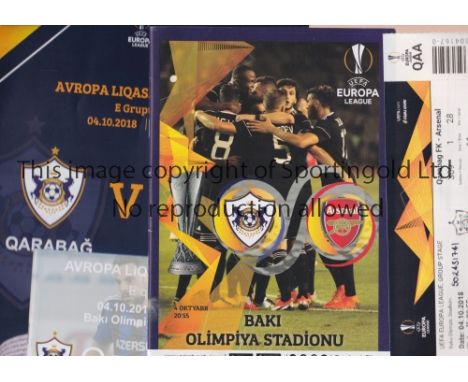 ARSENAL    Items relating to the away Europa League match v Qarabag 4/10/2018: ticket, official programme, 12 page A5 size pi