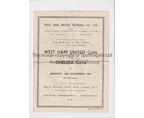 CHELSEA   Programme for the Youth Cup match at West Ham United on 16/12/1957. Folds. Includes Moore for West Ham and Greaves 