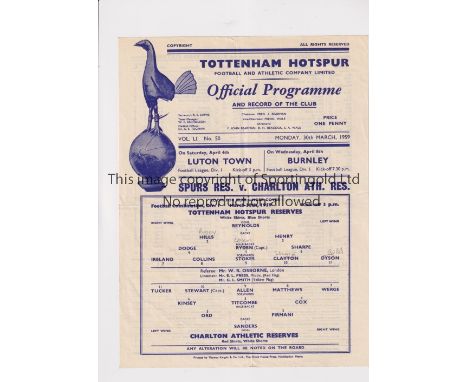 TOTTENHAM HOTSPUR      Single sheet programme for the home Combination match v Charlton Athletic 30/3/1959, No. 50. Slightly 