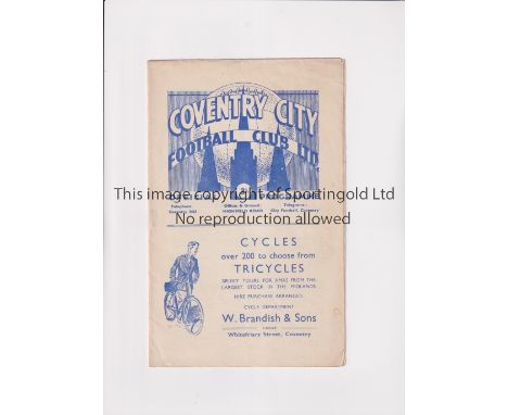 1951 COVENTRY CITY V LEEDS UNITED   Programme for the match at Coventry on 8/12/1951. Slight fold, score on team page and one