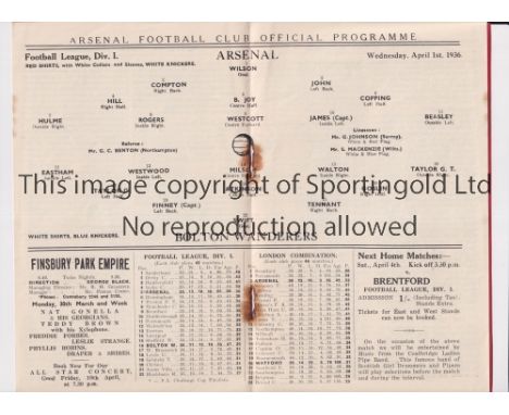 ARSENAL V BOLTON WANDERERS 1936 / LOW ATTENDANCE      Programme for the League match at Highbury 1/4/1936 in front of only 10