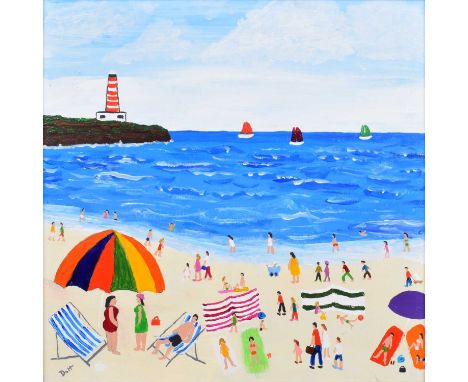 Vincent Dott (British 20th/21st century) "Light House and Beach", signed, titled on verso, acrylic on board.44.5cm x 44.5cm (