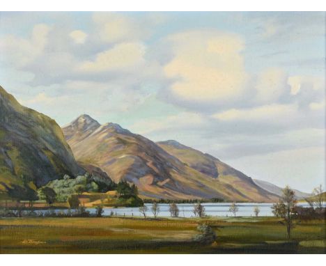 Alastair W. Thomson (Scottish 1929-) "Loch Shiel from Glenfinnan", signed, titled on label verso, oil on board.44.5cm x 60cm 