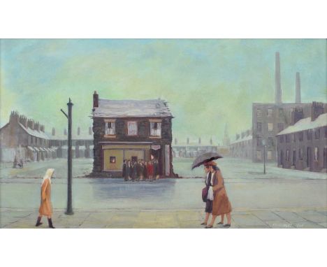 Harry Kingsley (British 1914-1998) "Cambridge Street, Hulme, Manchester", signed and dated 1945, titled on verso, oil on boar