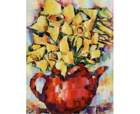 Olivia Pilling (British 1985-) "Daffodils in Cealia's Red Teapot", initialled, titled on verso, oil on board.38.5cm x 28.5cm 