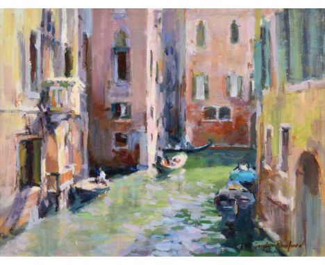Gordon Radford (British 1936-2015) "A Venetian Backwater", signed, titled on verso, oil on board.34cm x 44cm (13.25in x 17.25