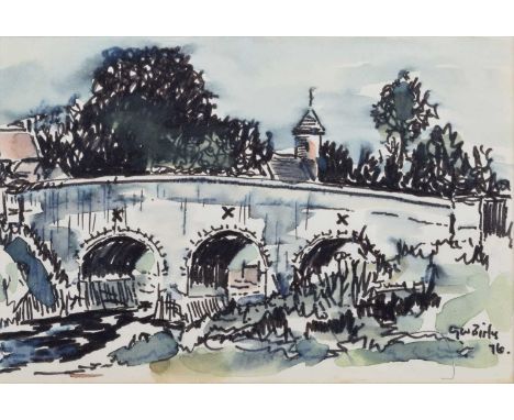 Geoffrey Woolsey Birks (British 1929-1993) "Bawburgh Bridge", signed and dated '76, titled on verso, watercolour and ink.8.5c