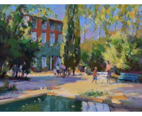 Gordon Radford (British 1936-2015) "The French House, Saint Tropez", signed, titled on verso, oil on board.33.5cm x 44cm (13.