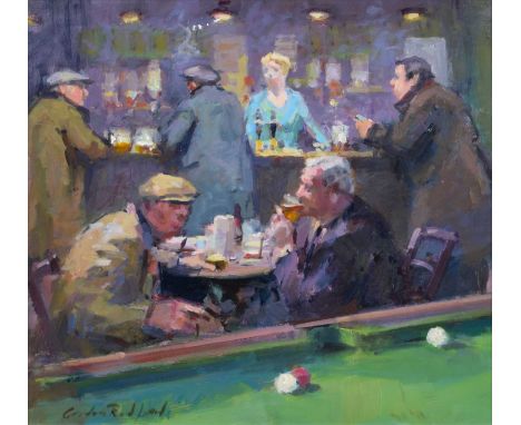 Gordon Radford (British 1936-2015) "After Work", signed, titled on verso, oil on board.33cm x 36.5cm (13in x 14.25in)Footnote