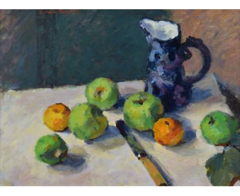 Gordon Radford (British 1936-2015) "Still Life with Apples", signed, titled on verso, oil on board.27cm x 37cm (10.75in x 14.