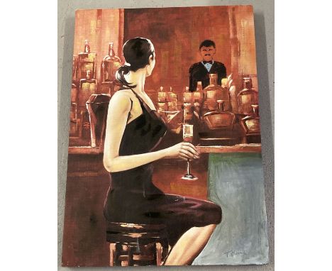 A modern canvas print of a woman sitting at a bar by T Moore.   Picture size approx. 70 x 50cm.