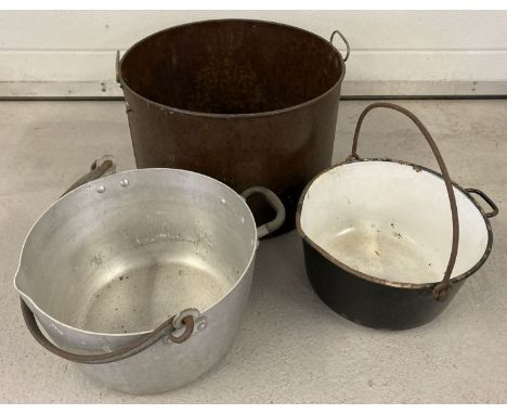 3 vintage metal pans/containers. An aluminium jam pan &amp; a enamel cooking/jam pan.  Together with a 2 handled large round 