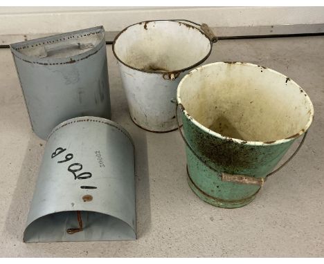 2 vintage wooden handled enamel buckets together with 2 galvanised D shaped containers.  Wear to buckets include a small hole