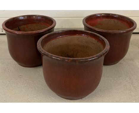 3 burgundy glaze ceramic garden plant pots.   All approx. 25cm tall x 32cm diameter.