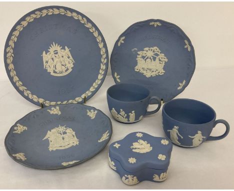 6 pieces of Wedgwood Jasper ware ceramics.  Comprising: 3 plates, 2 cups and a lidded trinket pot. 