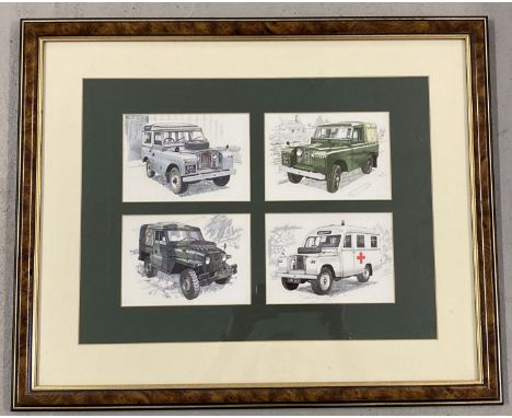 A framed and glazed print of 4 Land Rover vehicles Series IIA.  88 inch 1958-61, 88 inch Station Wagon 1961-71, 109 inch Ambu