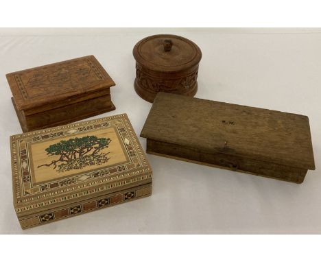 4 vintage wooden lidded boxes, to include one containing miniature weighing scales.  Lot also includes Eastern style inlaid t