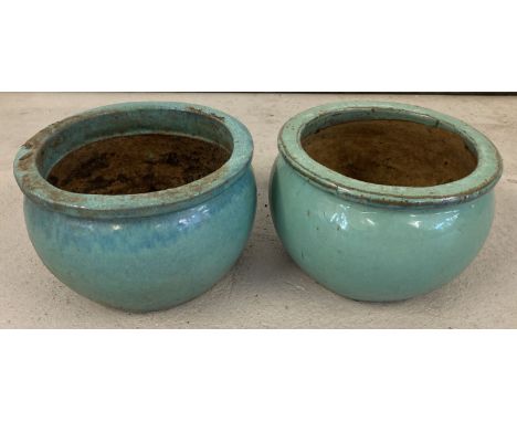 2 green glaze ceramic garden plant pots.   Both approx. 18cm tall x 27cm diameter.