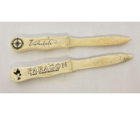 2 bone letter openers with carved detail to handles.  One inscribed "Volubilis" and with a compass symbol, the other marked "