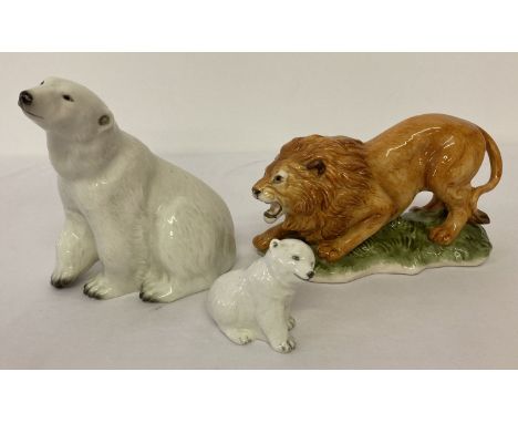 Branksome ceramic mother &amp; baby polar bear figurines together with ceramic figure of a roaring lion.  