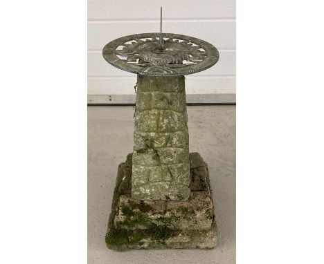 A vintage concrete sundial garden ornament with cockerel detail to metal sundial.   Total height approx. 54cm.