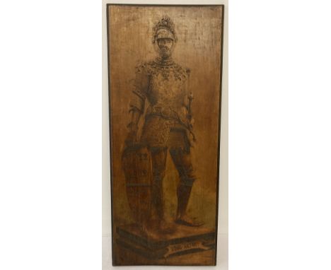 A large piece of pokerwork art on a wooden panel, depicting King Arthur.   Approx. 81cm x 34cm.