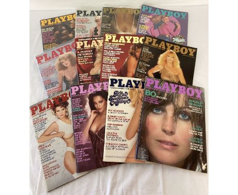 12 copies of Playboy magazine for men, dating from the 1980's.  To include Gala Christmas issue 1981, Music Jamboree issue 19